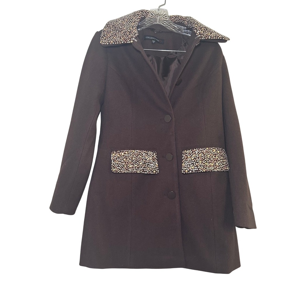 Colleen Lopez Womens Beaded Collar & Pocket Embellished Coat Brown Size XS